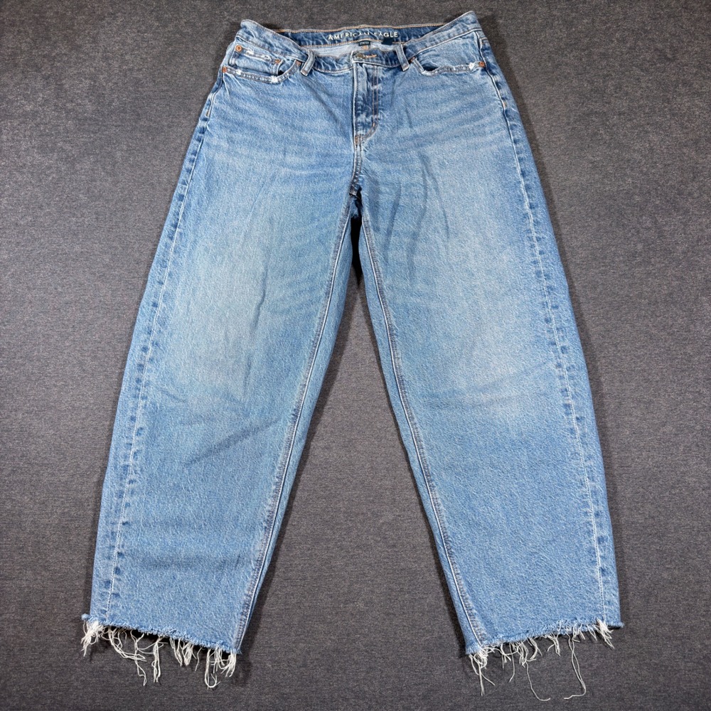 American Eagle Barrel Jeans Women 8 Blue Stretch High Rise Raw Hem Distressed